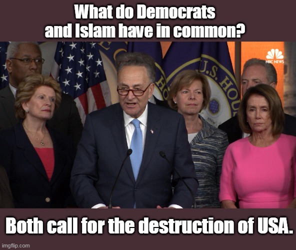 Fact. | What do Democrats and Islam have in common? Both call for the destruction of USA. | image tagged in democrat congressmen,treason,anti-american,islam,iran,leftist | made w/ Imgflip meme maker