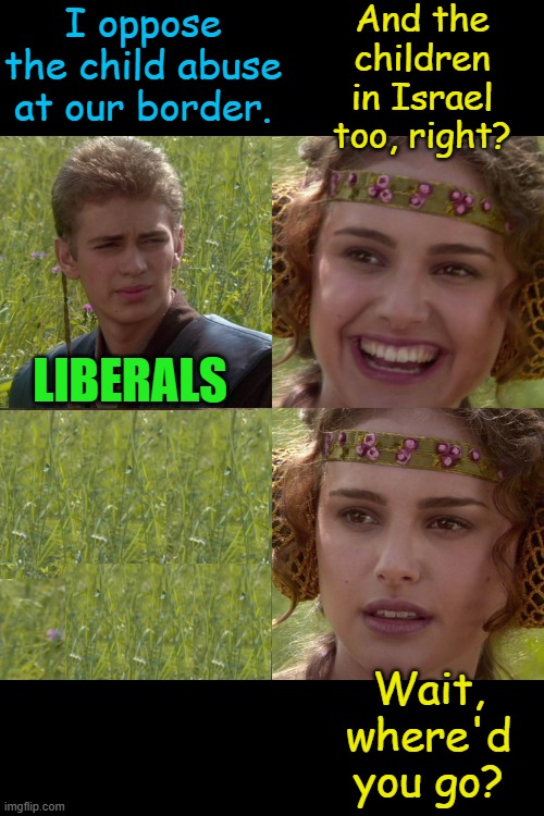 Liberals cheer for terrorists, turn blind eye toward murdered babies. What else is new? | And the children in Israel too, right? I oppose the child abuse at our border. LIBERALS; Wait, where'd you go? | image tagged in anakin padme 4 panel,political meme,liberals,israel,terrorists | made w/ Imgflip meme maker