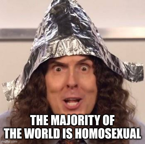 Tin foil hat | THE MAJORITY OF THE WORLD IS HOMOSEXUAL | image tagged in tin foil hat | made w/ Imgflip meme maker