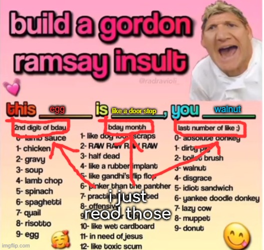 Gordon Ramsey insult | egg; walnut; like a door stop; i just read those | image tagged in gordon ramsey insult | made w/ Imgflip meme maker