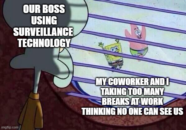 Squidward window | OUR BOSS USING SURVEILLANCE 
TECHNOLOGY; MY COWORKER AND I
TAKING TOO MANY BREAKS AT WORK THINKING NO ONE CAN SEE US | image tagged in squidward window | made w/ Imgflip meme maker