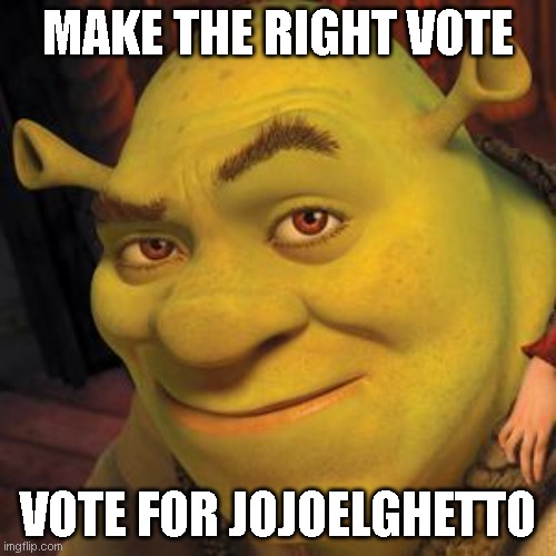 shrek vote | MAKE THE RIGHT VOTE; VOTE FOR JOJOELGHETTO | image tagged in shrek sexy face | made w/ Imgflip meme maker