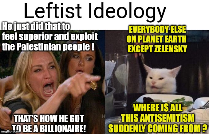 Woman Yelling At Cat Meme | Leftist Ideology He just did that to feel superior and exploit the Palestinian people ! THAT'S HOW HE GOT TO BE A BILLIONAIRE! EVERYBODY ELS | image tagged in memes,woman yelling at cat | made w/ Imgflip meme maker