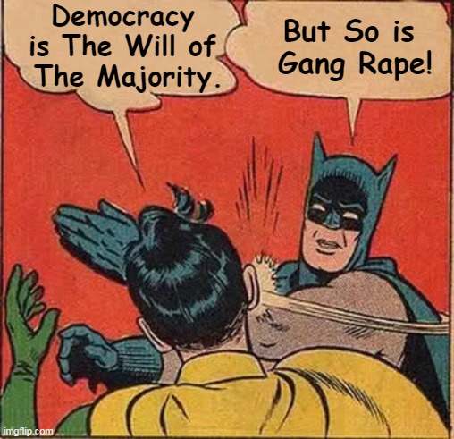 He's Not Wrong . . . | Democracy 
is The Will of 
The Majority. But So is 
Gang Rape! | image tagged in batman slapping robin,political humor,political meme,democracy,perspective,reality | made w/ Imgflip meme maker