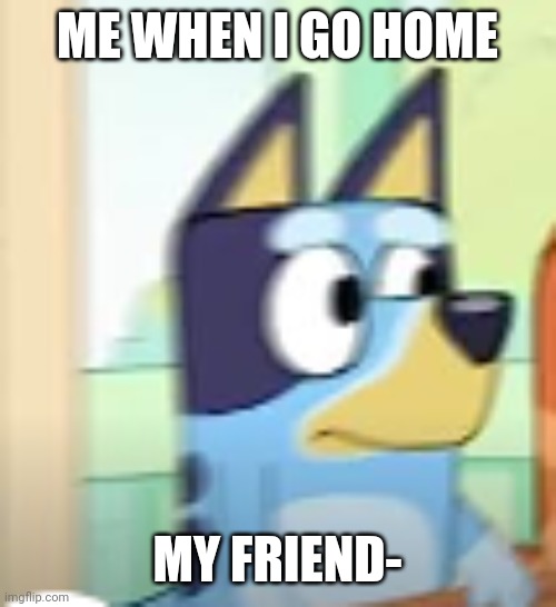 Wait where are you | ME WHEN I GO HOME; MY FRIEND- | image tagged in bluey concerned,memes,lolz,bluey,hahaha,friends | made w/ Imgflip meme maker