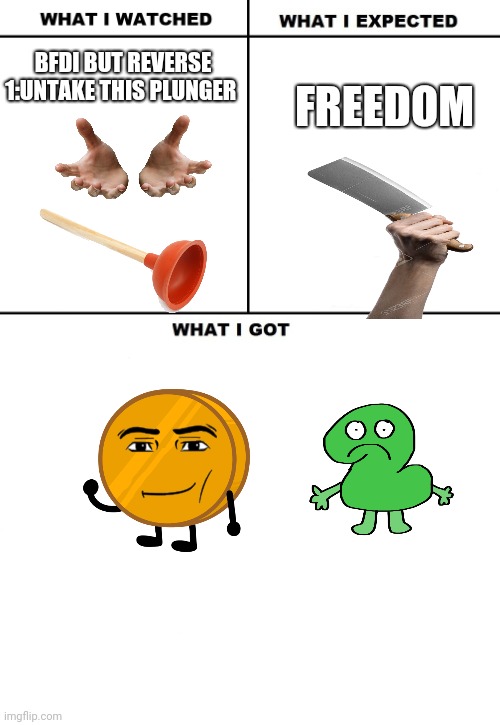 Idfb 1 | BFDI BUT REVERSE 1:UNTAKE THIS PLUNGER; FREEDOM | image tagged in what i watched/ what i expected/ what i got | made w/ Imgflip meme maker