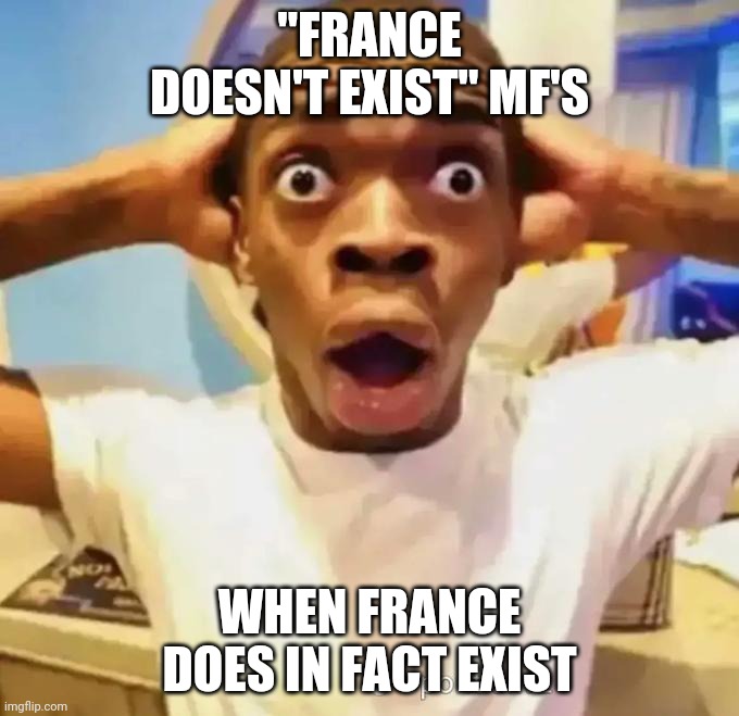 Shocked black guy | "FRANCE DOESN'T EXIST" MF'S; WHEN FRANCE DOES IN FACT EXIST | image tagged in shocked black guy | made w/ Imgflip meme maker