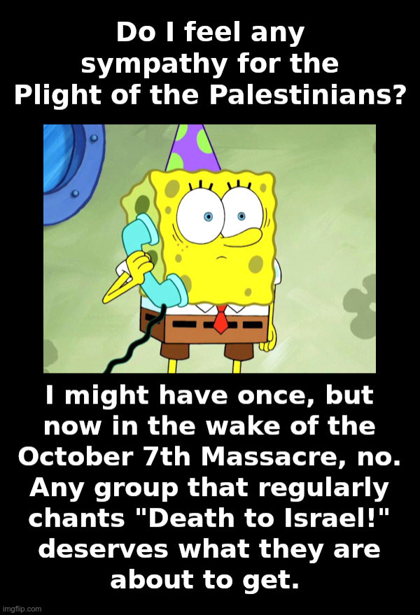 Do I Feel Any Sympathy For The Palestinians? No, Not Now. | image tagged in palestinians,hamas,terrorists,death to israel,sponge bob,no | made w/ Imgflip meme maker