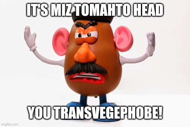 Mr. Potato Head angry | IT'S MIZ TOMAHTO HEAD YOU TRANSVEGEPHOBE! | image tagged in mr potato head angry | made w/ Imgflip meme maker