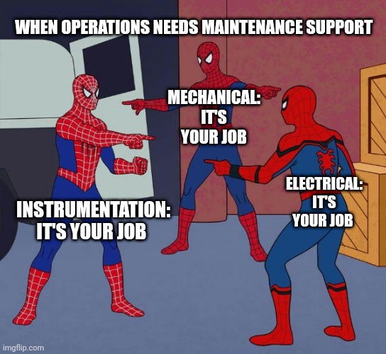 Operations vs maintenance | WHEN OPERATIONS NEEDS MAINTENANCE SUPPORT; MECHANICAL: IT'S YOUR JOB; ELECTRICAL: IT'S YOUR JOB; INSTRUMENTATION: IT'S YOUR JOB | image tagged in spider man triple | made w/ Imgflip meme maker