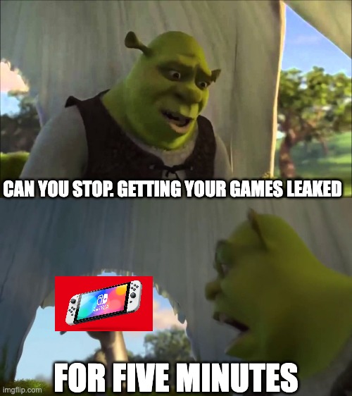 i have no title for this one | CAN YOU STOP. GETTING YOUR GAMES LEAKED; FOR FIVE MINUTES | image tagged in shrek five minutes,nintendo,nintendo switch | made w/ Imgflip meme maker