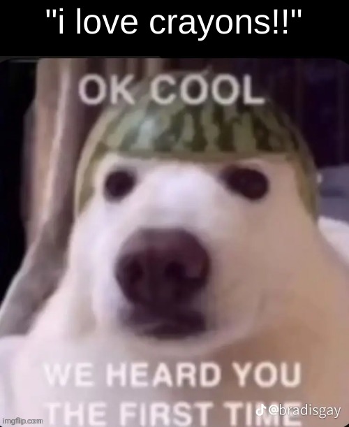 ok cool we heard you the first time | "i love crayons!!" | image tagged in ok cool we heard you the first time | made w/ Imgflip meme maker