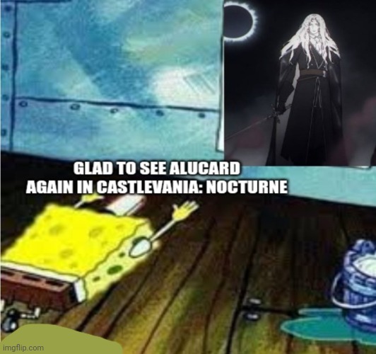 Alucard's comeback in Castlevania: Nocturne be like: Still waiting for season 2 | image tagged in castlevania,spongebob worship,comeback | made w/ Imgflip meme maker