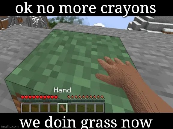Hand touching Minecraft grass block | ok no more crayons; we doin grass now | image tagged in hand touching minecraft grass block | made w/ Imgflip meme maker