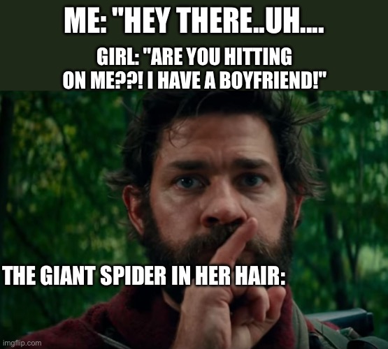 "be quiet this is gonna be real funny" | ME: "HEY THERE..UH.... GIRL: "ARE YOU HITTING ON ME??! I HAVE A BOYFRIEND!"; THE GIANT SPIDER IN HER HAIR: | image tagged in a quiet place | made w/ Imgflip meme maker