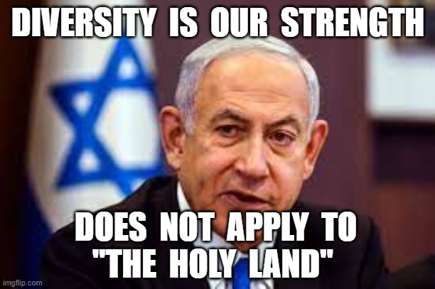 DIVERSITY  IS  OUR  STRENGTH; DOES  NOT  APPLY  TO       "THE  HOLY  LAND" | image tagged in israel,diversity,the holy land,benjamin netanyahu | made w/ Imgflip meme maker
