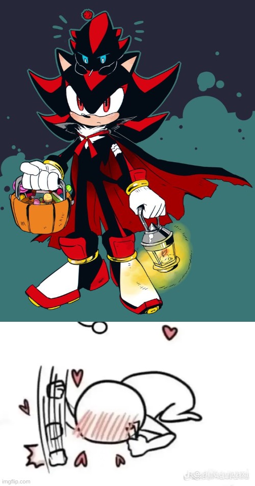 HE | image tagged in shadow and his chao celebrate halloween,banging on the floor with love | made w/ Imgflip meme maker