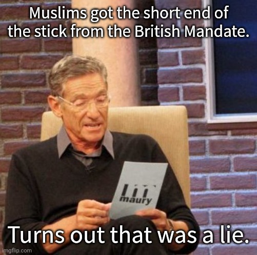 Everything you think you know... | Muslims got the short end of the stick from the British Mandate. Turns out that was a lie. | image tagged in memes,maury lie detector | made w/ Imgflip meme maker