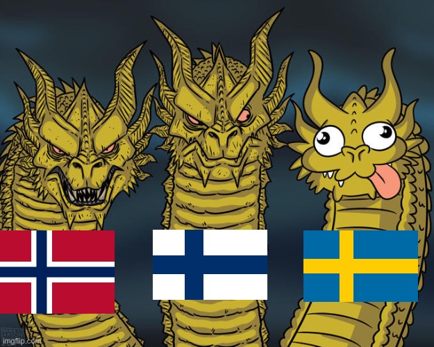 Scandinavia in a nutshell | image tagged in three-headed dragon | made w/ Imgflip meme maker