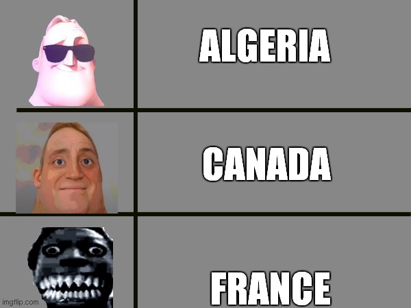 mr incredible becoming canny / uncanny (pov : you live in your country ) part 4 | ALGERIA; CANADA; FRANCE | image tagged in mr incredible becoming canny,mr incredible becoming uncanny,country | made w/ Imgflip meme maker