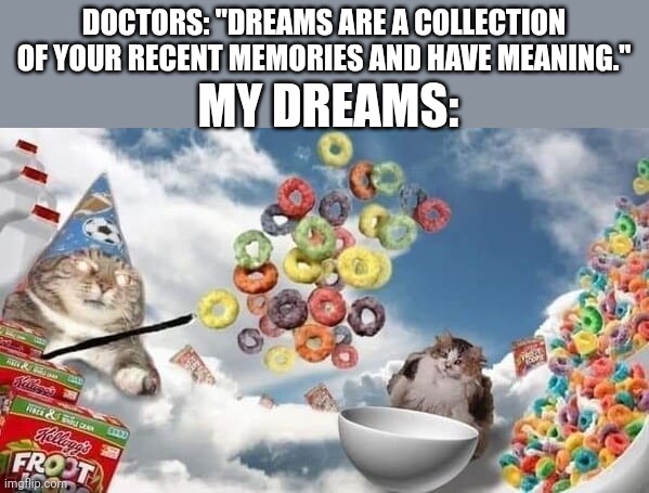 My dreams: | MY DREAMS:; DOCTORS: "DREAMS ARE A COLLECTION OF YOUR RECENT MEMORIES AND HAVE MEANING." | image tagged in my dreams | made w/ Imgflip meme maker