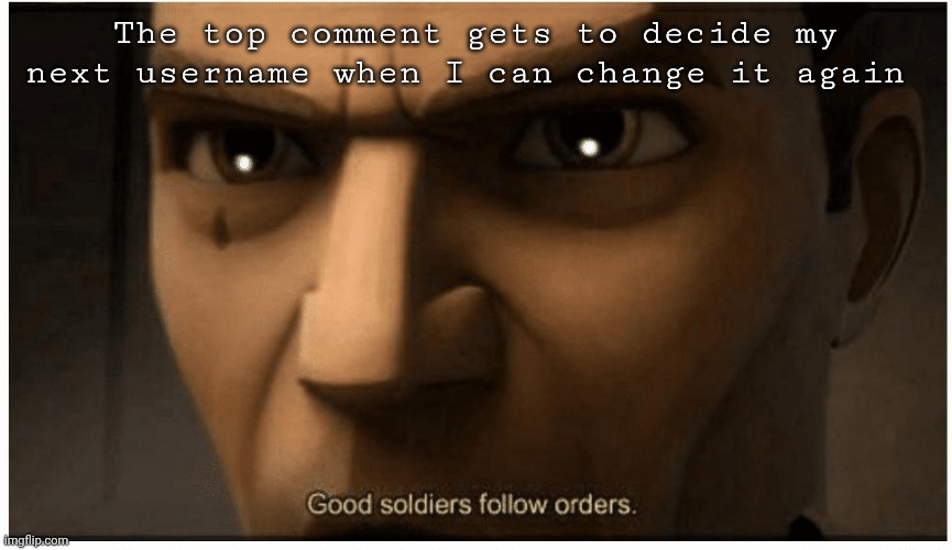 Not gonna pussy out either | The top comment gets to decide my next username when I can change it again | image tagged in good soldiers follow orders | made w/ Imgflip meme maker