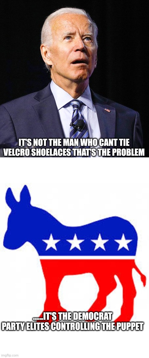 It's the terrorists in the party..... | IT'S NOT THE MAN WHO CANT TIE VELCRO SHOELACES THAT'S THE PROBLEM; ......IT'S THE DEMOCRAT PARTY ELITES CONTROLLING THE PUPPET | image tagged in joe biden,democrat donkey | made w/ Imgflip meme maker