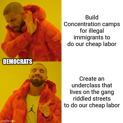 Democrats are bold but they know what's best | Build Concentration camps for illegal immigrants to do our cheap labor; DEMOCRATS; Create an underclass that lives on the gang riddled streets to do our cheap labor | image tagged in memes,drake hotline bling,illegal immigration,migrants,nyc,wow you failed this job | made w/ Imgflip meme maker