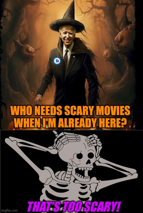 THE BIDEN REGIME IS SCARIER THAN ANY MOVIE | WHO NEEDS SCARY MOVIES WHEN I'M ALREADY HERE? THAT'S TOO SCARY! | image tagged in joe biden,creepy joe biden,democrats,politics | made w/ Imgflip meme maker
