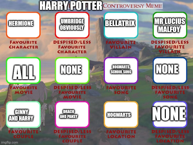 The Lion King/Lion Guard Controversy Meme | HARRY POTTER; HERMIONE; UMBRIDGE OBVIOUSLY; BELLATRIX; MR LUCIUS MALFOY; NONE; HOGWARTS SCHOOL SONG; ALL; NONE; NONE; HOGWARTS; GINNY AND HARRY; DRACO AND PANSY | image tagged in the lion king/lion guard controversy meme | made w/ Imgflip meme maker