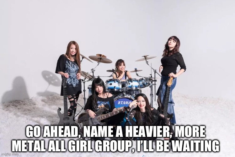Nemophila FTW | GO AHEAD, NAME A HEAVIER, MORE METAL ALL GIRL GROUP, I’LL BE WAITING | image tagged in nemophila,japanese,metal | made w/ Imgflip meme maker