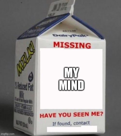 Missing my mind | MY MIND | image tagged in milk carton | made w/ Imgflip meme maker