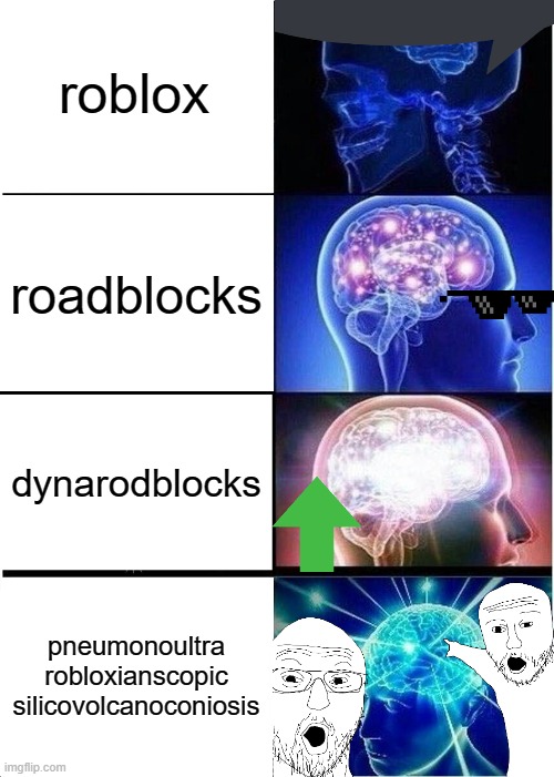 roblox meme 6 | roblox; roadblocks; dynarodblocks; pneumonoultra
robloxianscopic
silicovolcanoconiosis | image tagged in memes,expanding brain | made w/ Imgflip meme maker