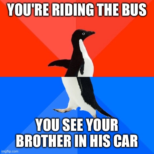 Has this ever happened to anyone else | YOU'RE RIDING THE BUS; YOU SEE YOUR BROTHER IN HIS CAR | image tagged in memes,socially awesome awkward penguin,penguin,siblings | made w/ Imgflip meme maker