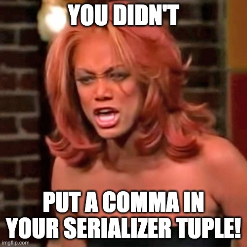 Tyra Banks | YOU DIDN'T; PUT A COMMA IN YOUR SERIALIZER TUPLE! | image tagged in tyra banks | made w/ Imgflip meme maker