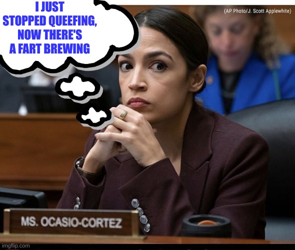 Well it's less methane that that which comes out of her mouth | I JUST STOPPED QUEEFING, NOW THERE'S A FART BREWING | image tagged in aoc stink | made w/ Imgflip meme maker