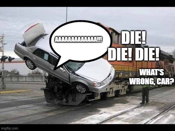 Car Crash | DIE! DIE! DIE! AAAAAAAAAAAAA!!! WHAT'S WRONG, CAR? | image tagged in car crash | made w/ Imgflip meme maker