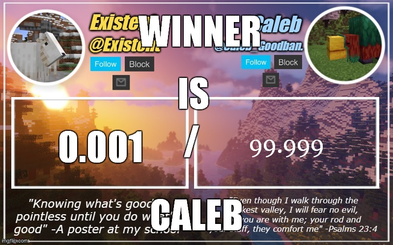 existe vs caleb winner is calab | WINNER; IS; /; 99.999; 0.001; CALEB | image tagged in caleb and existent announcement temp | made w/ Imgflip meme maker