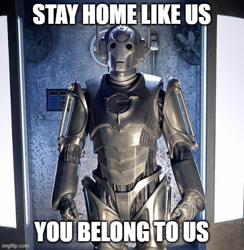 Cyberman | STAY HOME LIKE US YOU BELONG TO US | image tagged in cyberman | made w/ Imgflip meme maker