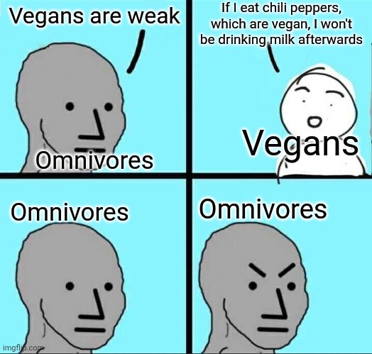 It do be true doe | If I eat chili peppers, which are vegan, I won't be drinking milk afterwards; Vegans are weak; Vegans; Omnivores; Omnivores; Omnivores | image tagged in npc meme,vegan,meat,funny,tough,memes | made w/ Imgflip meme maker