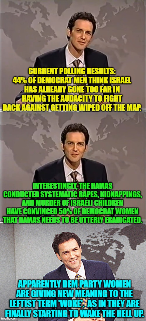 Dem Party Women may be starting to turn against increasingly insane and harmful leftist ideology. | CURRENT POLLING RESULTS: 44% OF DEMOCRAT MEN THINK ISRAEL HAS ALREADY GONE TOO FAR IN HAVING THE AUDACITY TO FIGHT BACK AGAINST GETTING WIPED OFF THE MAP. INTERESTINGLY, THE HAMAS CONDUCTED SYSTEMATIC RAPES, KIDNAPPINGS, AND MURDER OF ISRAELI CHILDREN HAVE CONVINCED 50% OF DEMOCRAT WOMEN THAT HAMAS NEEDS TO BE UTTERLY ERADICATED. APPARENTLY DEM PARTY WOMEN ARE GIVING NEW MEANING TO THE LEFTIST TERM 'WOKE'.  AS IN THEY ARE FINALLY STARTING TO WAKE THE HELL UP. | image tagged in weekend update with norm | made w/ Imgflip meme maker