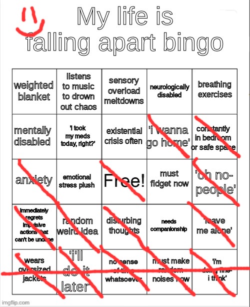 I have emotional damage | image tagged in my life is falling apart bingo | made w/ Imgflip meme maker