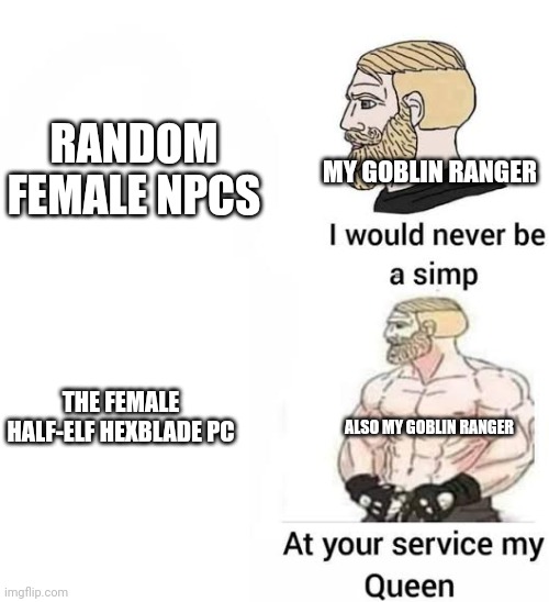 Tricksy The Simp | RANDOM FEMALE NPCS; MY GOBLIN RANGER; THE FEMALE HALF-ELF HEXBLADE PC; ALSO MY GOBLIN RANGER | image tagged in i would never be simp,dungeons and dragons | made w/ Imgflip meme maker