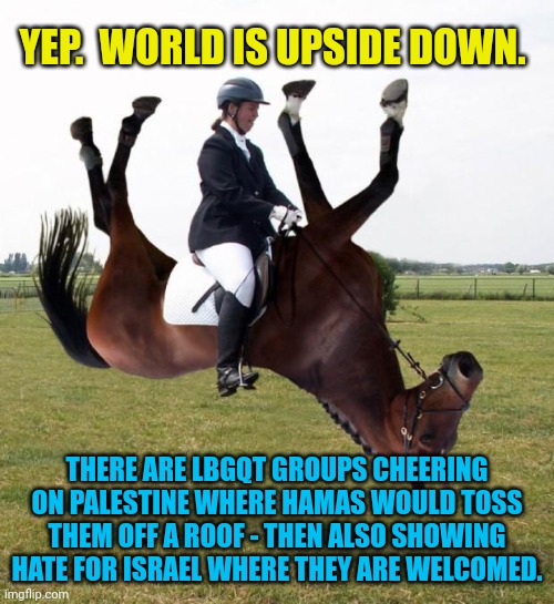 Queue clown world music | YEP.  WORLD IS UPSIDE DOWN. THERE ARE LBGQT GROUPS CHEERING ON PALESTINE WHERE HAMAS WOULD TOSS THEM OFF A ROOF - THEN ALSO SHOWING HATE FOR ISRAEL WHERE THEY ARE WELCOMED. | image tagged in horse upside down,political meme,palestine,israel,lgbtq | made w/ Imgflip meme maker