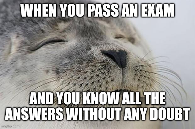 Exam upvote | WHEN YOU PASS AN EXAM; AND YOU KNOW ALL THE ANSWERS WITHOUT ANY DOUBT | image tagged in memes,satisfied seal | made w/ Imgflip meme maker