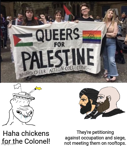 Haha chickens for the Colonel! They're petitioning against occupation and siege, not meeting them on rooftops. | image tagged in queers for palestine,blank white template | made w/ Imgflip meme maker