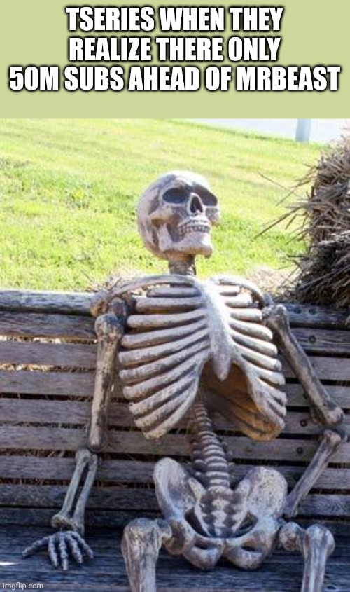 Waiting Skeleton Meme | TSERIES WHEN THEY REALIZE THERE ONLY 50M SUBS AHEAD OF MRBEAST | image tagged in memes,waiting skeleton | made w/ Imgflip meme maker