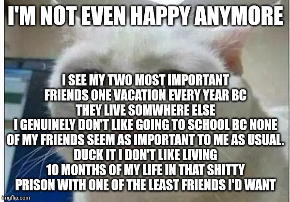 The only reason I'm doing this crap is to "succeed in life" and "finish school for summer vacation". IT'S A LOOP ??? | I SEE MY TWO MOST IMPORTANT FRIENDS ONE VACATION EVERY YEAR BC THEY LIVE SOMWHERE ELSE
I GENUINELY DON'T LIKE GOING TO SCHOOL BC NONE OF MY FRIENDS SEEM AS IMPORTANT TO ME AS USUAL.
DUCK IT I DON'T LIKE LIVING 10 MONTHS OF MY LIFE IN THAT SHITTY PRISON WITH ONE OF THE LEAST FRIENDS I'D WANT; I'M NOT EVEN HAPPY ANYMORE | image tagged in depression | made w/ Imgflip meme maker
