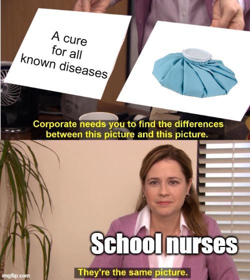 Why did every school nurse have an ice pack | A cure for all known diseases; School nurses | image tagged in memes,they're the same picture,school meme,nurses,nurse | made w/ Imgflip meme maker