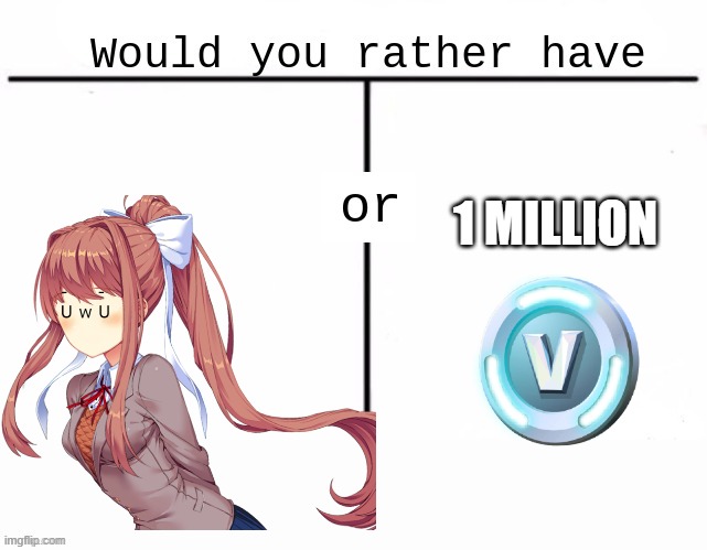 Easy desicion. | 1 MILLION | image tagged in would you rather have template | made w/ Imgflip meme maker